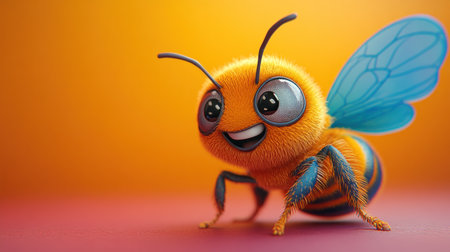 A cheerful cartoon bee smiles with big eyes and fluffy body, surrounded by vivid colors.の素材