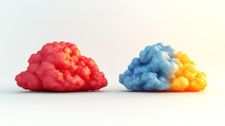 Two fluffy vapor clouds merge, showcasing their vivid colors in a striking display.の素材