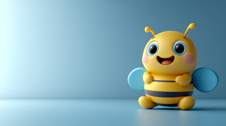 A cute yellow bee toy sits happily on a blue surface, radiating joy and warmth.の素材