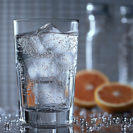 Sparkling water with ice cubes sits next to fresh orange slices on a shiny table.の素材