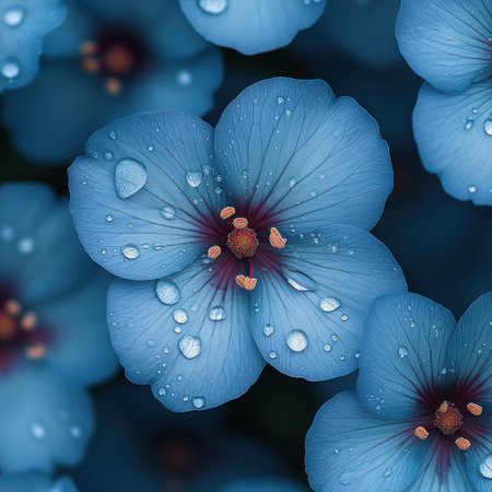 Bright blue petals glisten in a peaceful garden, highlighting nature's beauty.の素材