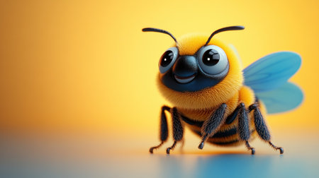 A cute bee with fluffy fur joyfully buzzing against a glowing orange backdrop.の素材