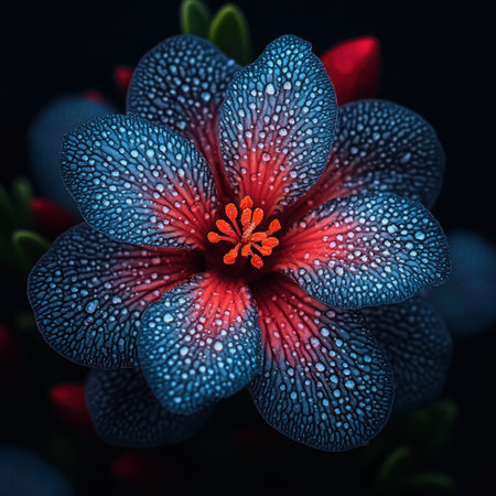 A close up of a stunning flower in blue and red, highlighting its fine details.の素材