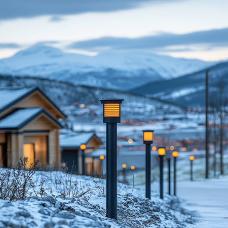 People enjoy a peaceful evening walk surrounded by a snowy landscape and glowing lights.の素材
