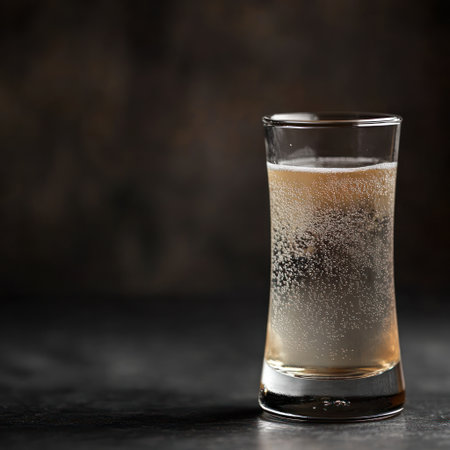 Chilled beverage in a stylish glass bubbles with excitement during a relaxed celebration.の素材