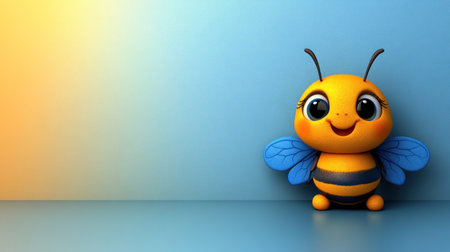 A cheerful animated bee with big eyes enjoys a sunny, playful day.の素材