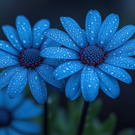 Two blue flowers with raindrops highlight nature's beauty in a serene garden.の素材