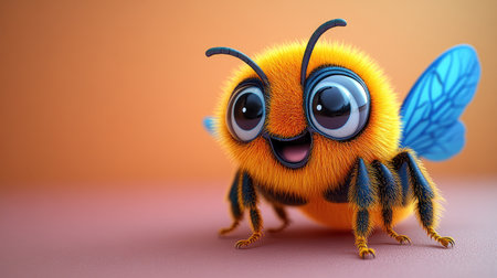 A happy cartoon bee smiles on an orange surface, highlighting its bright colors.の素材