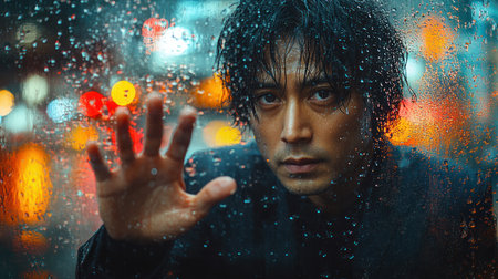 A man gazes out through a rain soaked window, surrounded by city lights.の素材