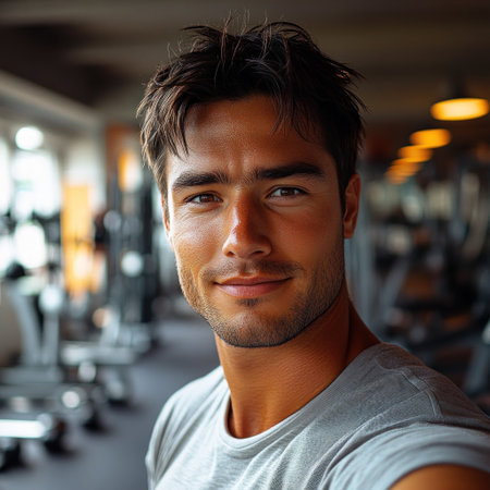 Young man confidently smiles in a bright gym filled with workout equipment.の素材