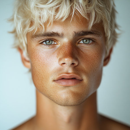 A young man with light blonde hair gazes directly at the viewer with attractive blue eyes.の素材