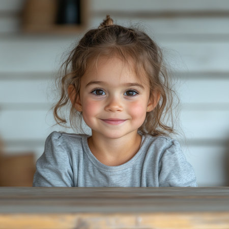 A happy girl with curly hair enjoys a moment at a wooden table.の素材