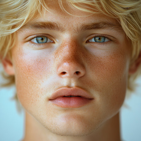 A young man with vibrant blue eyes and freckles gazes confidently, capturing attention.の素材