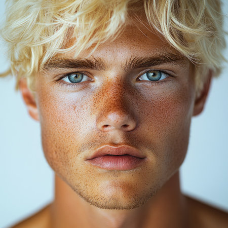 Blonde haired young man with blue eyes poses confidently against a neutral backdrop.の素材