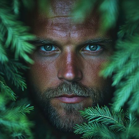 A man with striking blue eyes stars deeply, surrounded by vibrant green leaves in nature.の素材