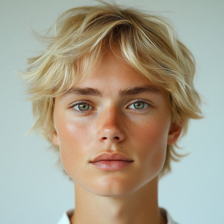 A young man with blonde hair and green eyes poses with a serene look.の素材