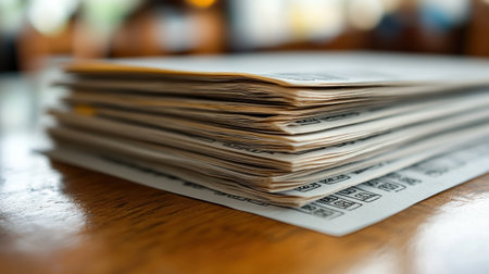 A neat stack of printed sheets sits on a warm table in a cafe, catching eyes.の素材
