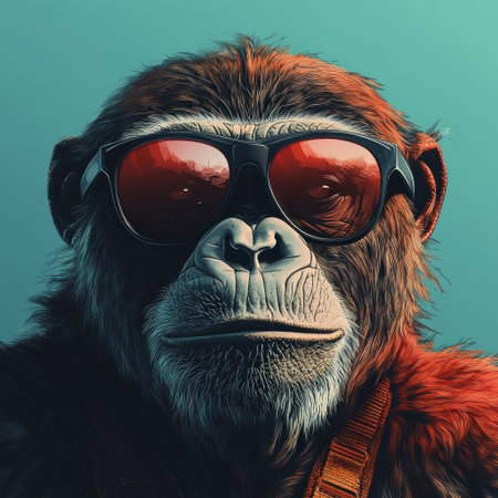 A unique monkey shows its personality in bright sunglasses and a colorful scene.の素材