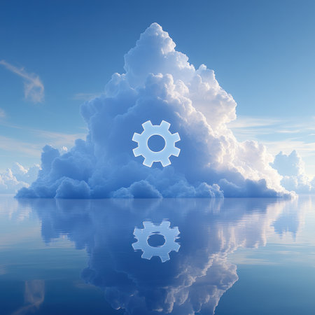 Fluffy clouds reflect on calm waters, with a gear icon visible.の素材