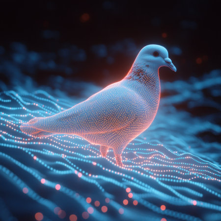 A glowing dove rests on bright lines in a digital world.の素材