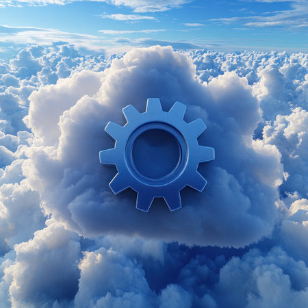 A glowing gear sits atop fluffy clouds under a bright blue sky, creating a surreal scene.の素材