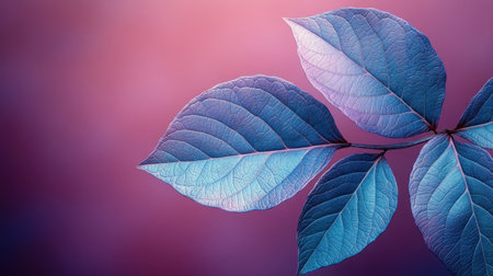 Delicate leaves display an enchanting blue hue against a dreamy purple backdrop at duskの素材