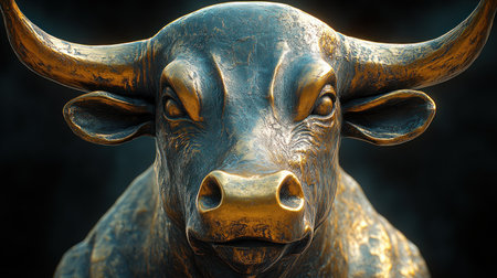 A detailed bronze bull sculpture stands proudly showing strength and artistryの素材