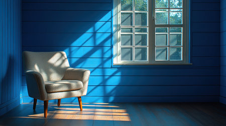 A bright blue room features a comfortable chair illuminated by warm sunlightの素材