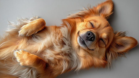 A cheerful dog lies on its back eyes closed enjoying a moment of relaxation indoorsの素材