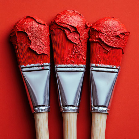 Three red paint brushes lean against a vibrant backdrop sparking creativityの素材