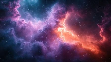Vivid hues of purple and orange blend in a stunning display of cosmic clouds and starsの素材