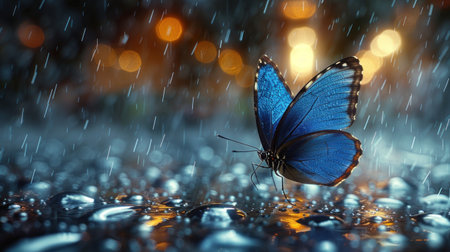 A blue butterfly flutters over raindrops on a wet surface amid glowing lightsの素材