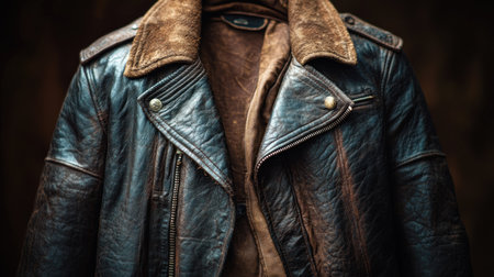 A detailed look at a worn leather jacket with a stylish collar showing its characterの素材