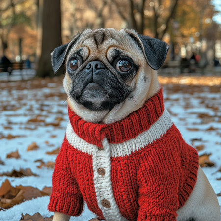 A cute pug wearing a warm sweater sits among colorful autumn leaves looking playfulの素材