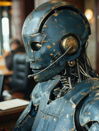 A futuristic robot with a worn look interacts in a cozy cafの素材