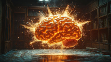 A glowing brain surrounded by sparks illuminates a vintage library filled with booksの素材
