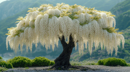 A beautiful tree with white flowers stands against a tranquil mountain backdropの素材