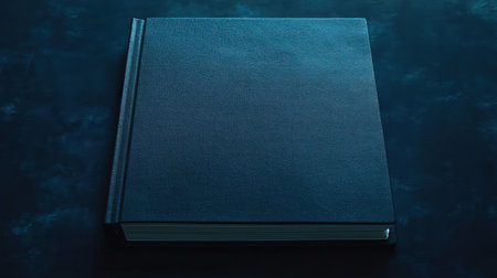 A dark blue book lies flat on a textured surface illuminated by soft ambient lightの素材