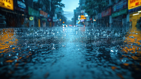 Rain pours down on an empty street reflecting colorful lights as twilight settles inの素材