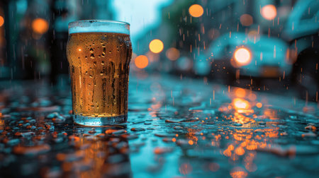 A glass of beer sits on a wet street reflecting city lights during a gentle rainの素材