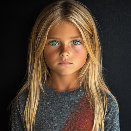 A child against a dark background shows curiosity and wonder in their eyesの素材