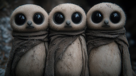 Three small round figures with large eyes and cloaks stand closely evoking curiosityの素材