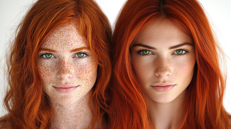 Two twins display their beautiful red hair and green eyes while sharing a momentの素材