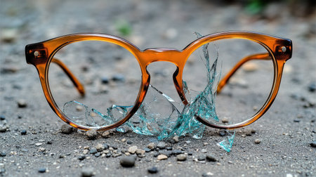 Cracked glasses lie on the ground reflecting sunlight among shattered piecesの素材