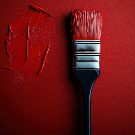 A red brush lies next to red paint on a vibrant background sparkling creativityの素材