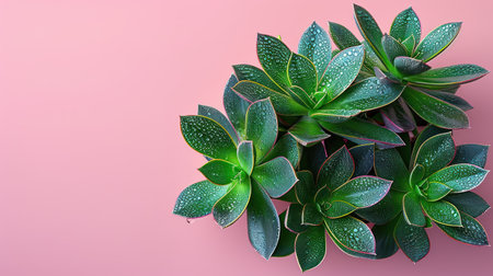 Succulents with water droplets rest on a pastel pink surface showing nature's beautyの素材