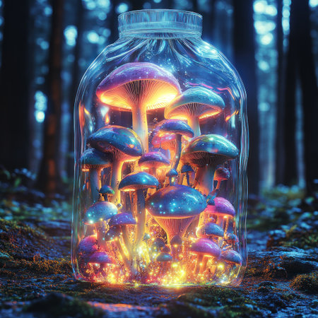 Glowing mushrooms create a magical scene inside a glass jar in a lush forestの素材