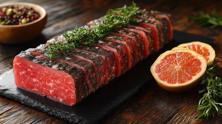 A beautifully arranged gourmet meat platter showcases vibrant colors and fresh herbsの素材