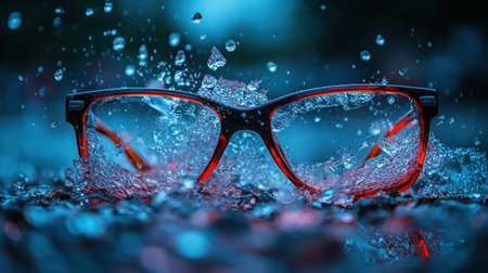 Glasses with bright red accents splash through a pool of water creating magical ripplesの素材
