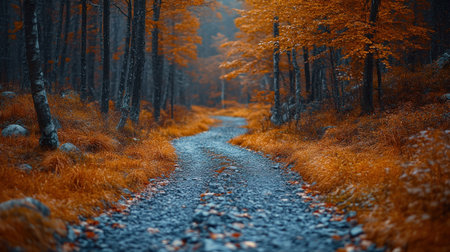 A winding trail through a peaceful forest showcases vibrant autumn leavesの素材
